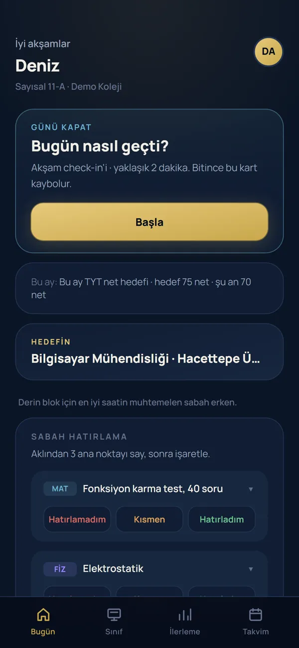 Öğrencinin Bugün ekranı: Günü kapat kartı, aylık TYT net hedefi ve sabah hatırlama listesi.